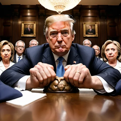 Prompt: Create an image depicting Donald Trump sitting at a beautiful antique wooden table with heavenly appearance and angelic symbolism. Place 5 individual enemies being forced to stand at the table watching him gaze upon the meal he is about to eat. Show his enemies as envious and angry. Make the 5 enemies at the table the following people : Kamala Harris,  Tim Walz,  Obama,  George Soros and Hillary Clinton 