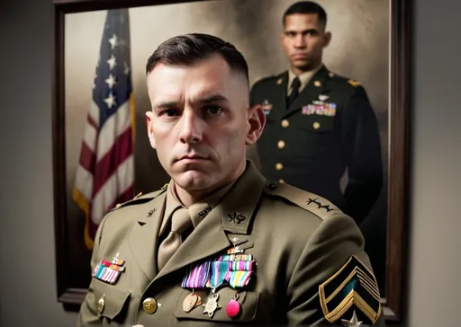 Prompt: a man in an american military uniform full of medals in his chest is looking at the camera with a serious look on his face and a serious expression on his face, a character portrait