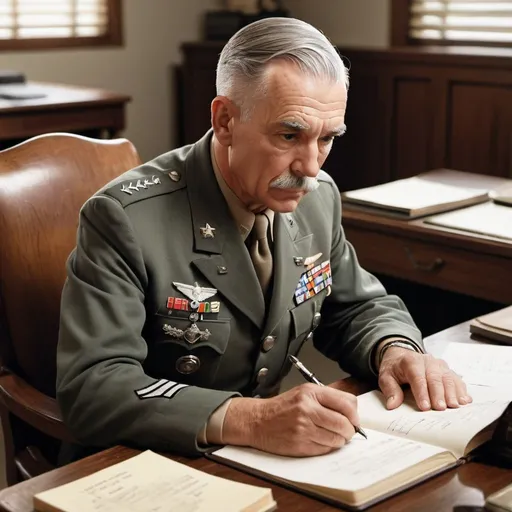 Prompt: Illustrate a scene from the World War II era featuring a distinguished United States Air Force General seated in a sturdy wooden chair behind a wooden desk. The General, aged around 60, possesses a head of gray hair, devoid of any mustache or beard. He is captured amid focused concentration, diligently jotting down notes in a logbook on the desk before him. His uniform bears the symbols and emblems denoting his high rank, with crisp lines and meticulously maintained attire reflecting his professionalism and authority. The atmosphere exudes an aura of wartime urgency and strategic deliberation, as the General fulfills his duties with unwavering dedication.