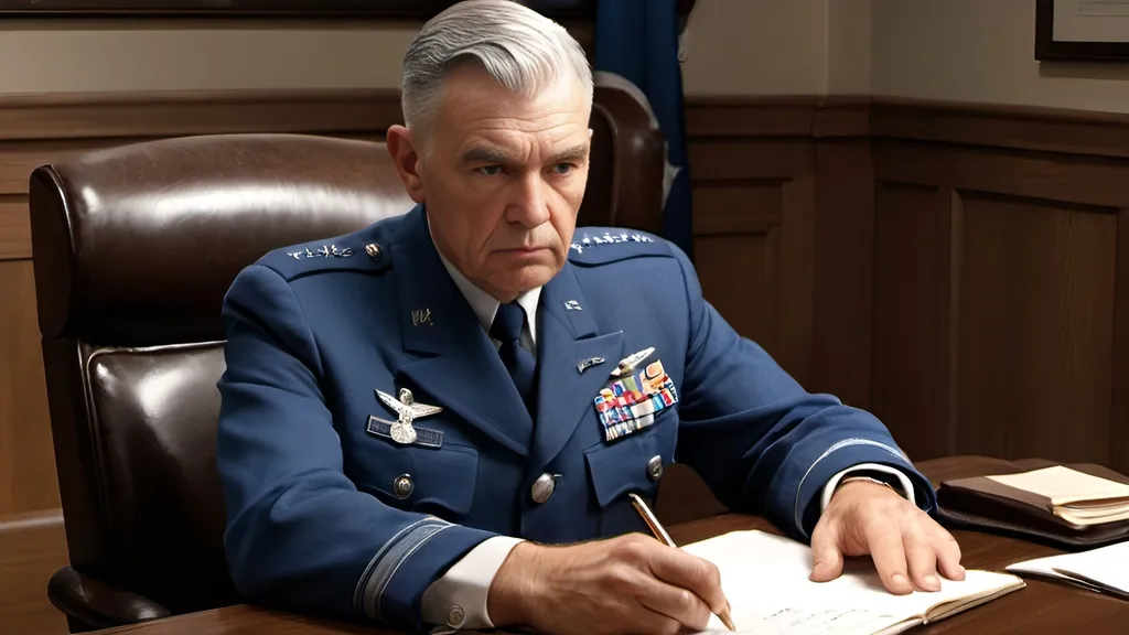 Prompt: Illustrate a scene from the World War II era featuring a distinguished United States Air Force General seated in a sturdy wooden chair behind a wooden desk. The General, aged around 60, possesses a head of gray hair, without mustache or beard. He is captured in the midst of focused concentration, diligently jotting down notes in a logbook spread out on the desk before him. His uniform bears the symbols and emblems denoting his high rank, with crisp lines and meticulously maintained attire reflecting his professionalism and authority. The atmosphere exudes an aura of wartime urgency and strategic deliberation, as the General fulfills his duties with unwavering dedication.