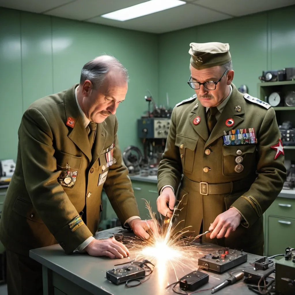 Prompt: A man in his 40-year-old looking, dressed like a scientist, welding microcircuits in a WW2-era military lab, surrounded by tools and electronic equipments meets an officer with the rank of a four stars general dressed in his green jacket with 4 stars on his shoulders, medals over his chest and a smashed hat over his head