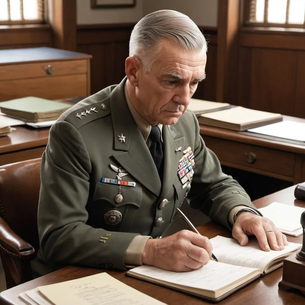 Prompt: Illustrate a scene from the World War II era featuring a distinguished United States Air Force General seated in a sturdy wooden chair behind a wooden desk. The General, aged around 60, possesses a head of gray hair, without any mustache or beard. He is captured in the midst of focused concentration, diligently jotting down notes in a logbook spread out on the desk before him. His uniform bears the insignias and emblems denoting his high rank, with crisp lines and meticulously maintained attire reflecting his professionalism and authority. The atmosphere exudes an aura of wartime urgency and strategic deliberation, as the General fulfills his duties with unwavering dedication.