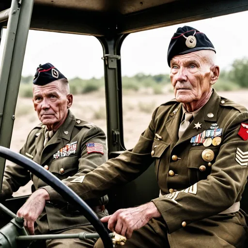 Prompt: A man with 50 years old  in a WW2 era American military uniform full of medals in his chest and four golden stars on his shoulders is in a ride on a big jeep driven by a sargeant officer with a serious look on his face and a serious expression on his face
