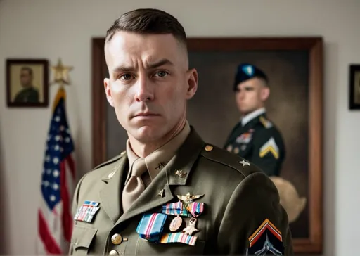 Prompt: a man in an american military uniform full of medals in his chest is looking at the camera with a serious look on his face and a serious expression on his face, a character portrait