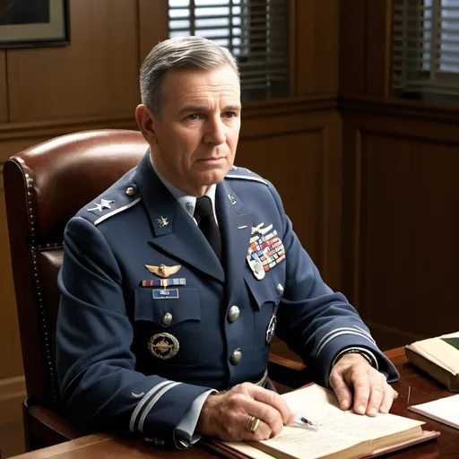 Prompt: Illustrate a scene from the World War II era featuring a distinguished United States Air Force General with an olive green uniform seated in a sturdy wooden chair behind a wooden desk. The General, aged around 60, possesses a head of gray hair, without mustache or beard. He is captured in the midst of focused concentration, diligently jotting down notes in a logbook spread out on the desk before him. His uniform bears the insignias and emblems denoting his high rank, with crisp lines and meticulously maintained attire reflecting his professionalism and authority. The atmosphere exudes an aura of wartime urgency and strategic deliberation, as the General fulfills his duties with unwavering dedication.