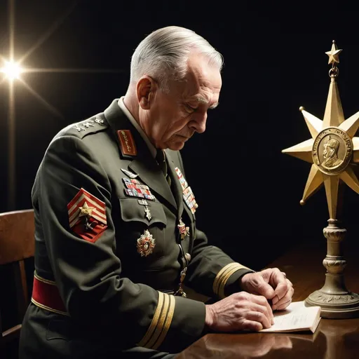 Prompt: A WW2-era general, with four golden stars on his officer uniform shoulders and just one bar of medals over his chest, is on his knees praying with a column of light above his head in a dark military facility