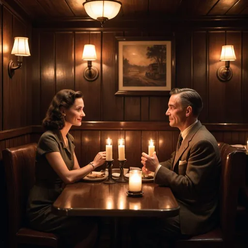 Prompt: A couple in their thirty-year-old are having a conversation in a dimly lit restaurant, reminiscent of the 1940s during World War II. The decor features dark wood paneling, soft candlelight flickering on each table
