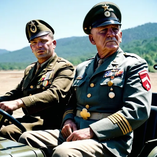 Prompt: A man with 50 years old  in a WW2 era American military uniform full of medals in his chest and four golden stars on his shoulders is in a ride on a big jeep driven by a sargeant officer with a serious look on his face and a serious expression on his face