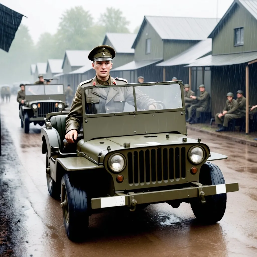 Prompt: A ww2 era young general with his driver driving a jeep in a military camp with several barracks alined with the main street in a rainny day