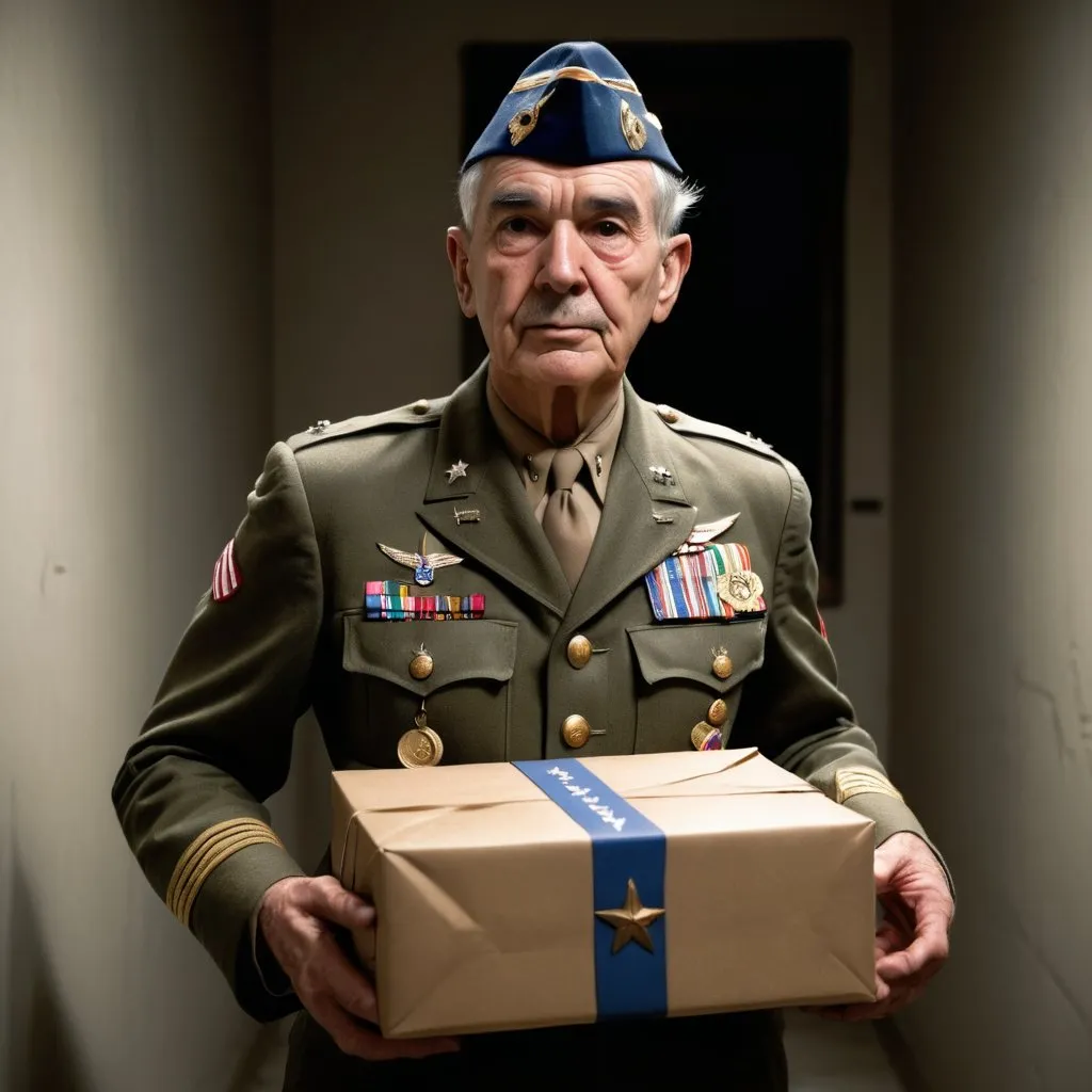 Prompt: A WW2 young general with gray hair, dressing his US olive green uniform with many medals on his chest, wearing an air force hat and using golden stars on his shoulders is carrying a middle-sized package wrapped in gray paper, in a poor illuminated room 10 feet distant from the viewer