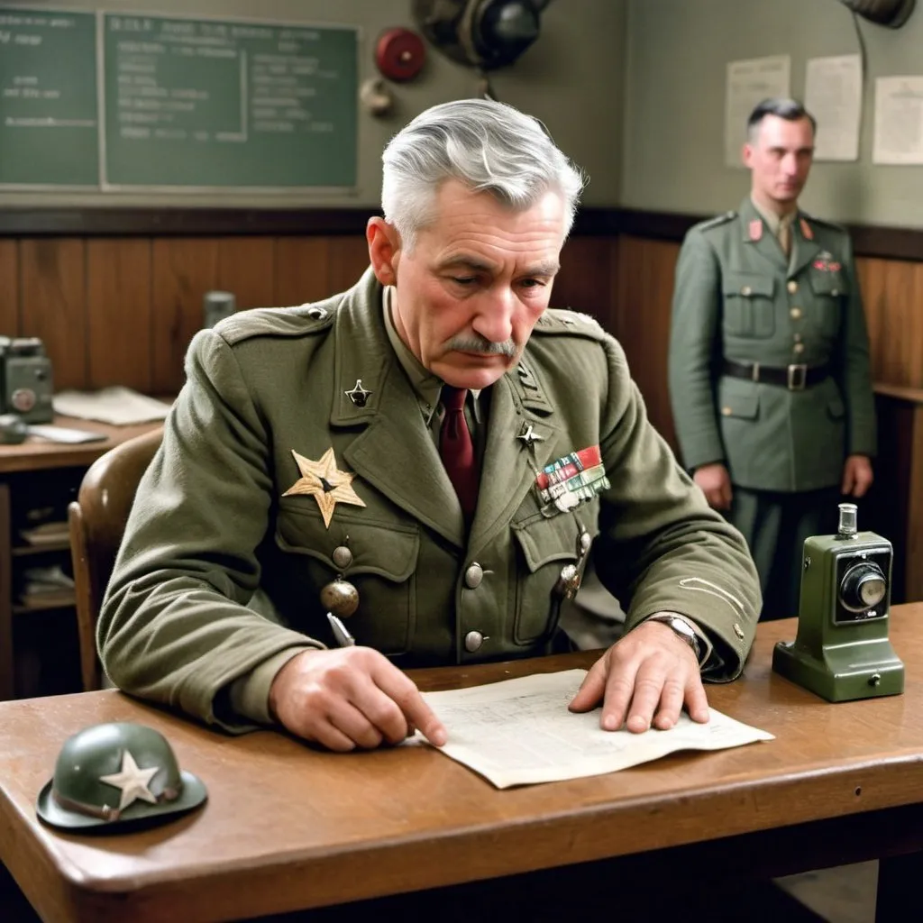 Prompt: A WW2-era officer in the rank of a four stars general, gray-haired dressed in his green jacket with 4 stars on his shoulders, medals over his chest, and a smashed pilot hat over his head, is in a military installation with a small tube radio on a table trying to find carefully one station in the dial. It is an wooden ancient tube radio from the same era
