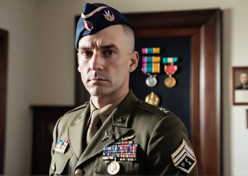 Prompt: a man in an american military uniform full of medals in his chest is looking at the camera with a serious look on his face and a serious expression on his face, a character portrait