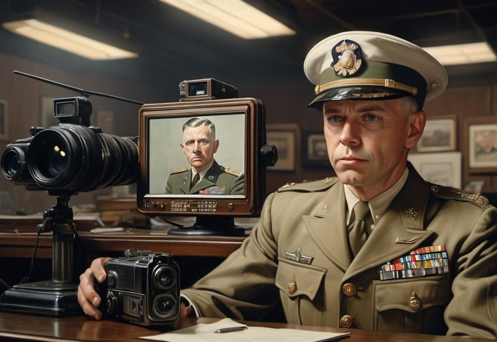 Prompt: a man in military uniform sitting at a desk with a camera and monitor on it's side,, Donald Sherwood, american realism, j. c. leyendecker 8 k, a hologram