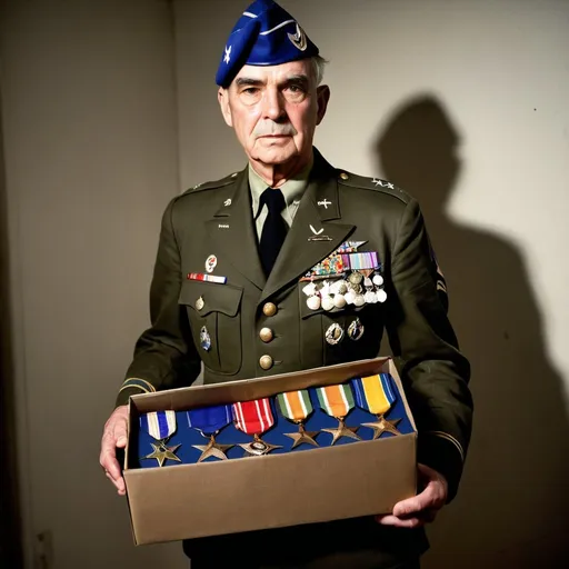 Prompt: A WW2 young general with gray hair, dressing his US olive green uniform with many medals on his chest, wearing an air force hat and using golden stars on his shoulders is carrying a middle-sized package wrapped in gray paper, in a poor illuminated room 10 feet distant from the viewer