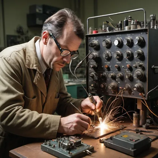 Prompt: A man in his 40-year-old looking, dressed like a scientist, welding microcircuits in a WW2-era military lab, surrounded by tools and electronic equipments 