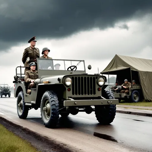 Prompt: A ww2 era sergeant driving a big jeep with a high rank officer seated beside him crossing a military camp with several barracks aligned with the main street in a cloudy day