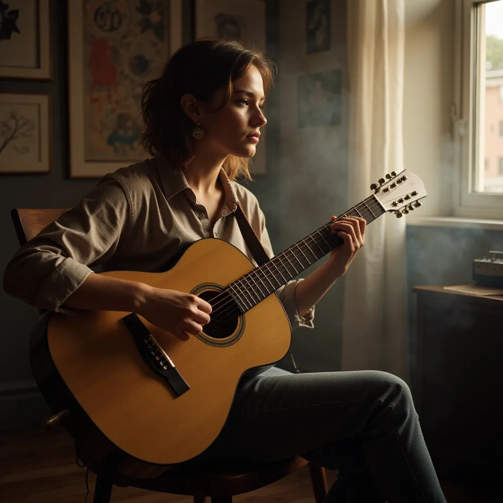 Prompt: model is playing acoustic guitar in a studio