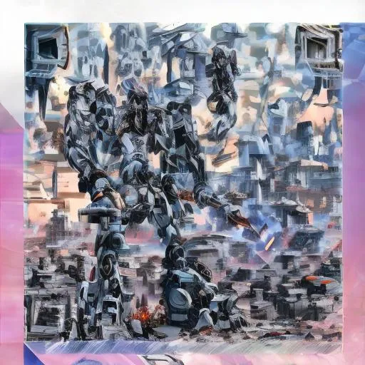Prompt: masterpiece, best quality, mecha, no humans, black armor, blue eyes, science fiction, fire, laser canon beam, war, conflict, destroyed city background