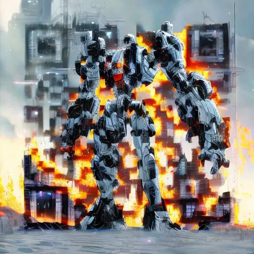 Prompt: masterpiece, best quality, mecha, no humans, black armor, blue eyes, science fiction, fire, laser canon beam, war, conflict, destroyed city background