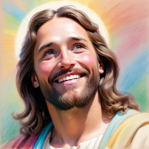 Prompt: Rough Colourful pastel sketch drawing of jesus smiling and looking up
