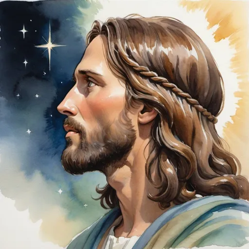 Prompt: Side profile of Jesus looking up toward god in heaven in wonder and hopeful, wearing a mantle shawl over his hair, gouache watercolor