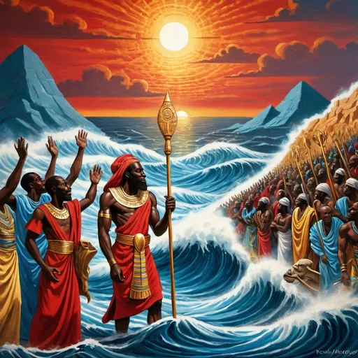 Prompt: African-style depiction of Moses opening the Red Sea with his staff, vibrant colors, traditional African art style, detailed patterns and textures, Moses with dignified expression, flowing robes, ancient setting, dramatic lighting, high quality, traditional art style, vibrant colors, detailed textures and patterns, dignified expression, flowing robes, ancient setting, dramatic lighting, many people behind moses, Egyptians chariots coming after moses and his people