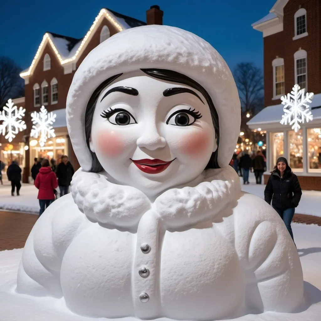 Prompt: Snow lady with eyebrows and sparkling snowflakes, winter wonderland, Fairfax, Virginia, children playing in the snow, puffy coats, town square, crisp air, high quality, winter-themed, realistic, detailed snow sculpture, festive atmosphere, snowy scene, playful mood, sparkling snow, cold atmosphere, wintery lighting