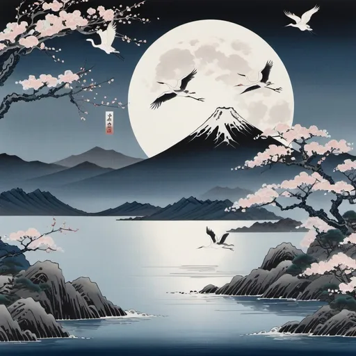 Prompt: a serene midnight beach scene with a full moon reflecting on the ocean and misty mountains. Use Ukiyo-e style, featuring cherry blossoms and cranes. Convey 'Mono no Aware' with deep blues, silvers, and soft whites.