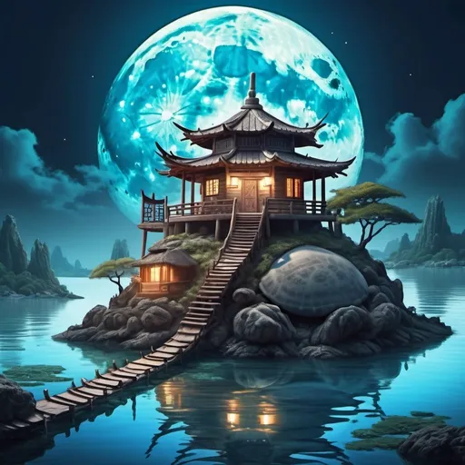 Prompt: fantasy world on top of a turtle, a hut surrounded by clear water, the full moon. Ancient chinese style.
