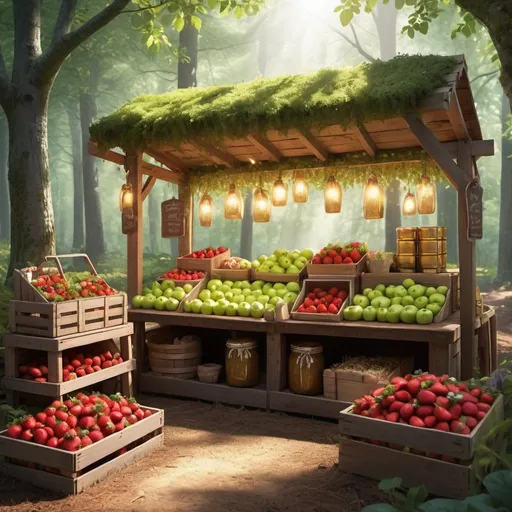 Prompt: Illustrate a magical farmers market stall nestled in a forest. Showcase vibrant green apples, juicy red strawberries, and jars of golden honey displayed in wooden crates. Infuse the scene with sunlight filtering through the trees and add whimsical elements like glowing mushrooms and sparkling fairy apples to enhance the enchanting atmosphere of the forest market.