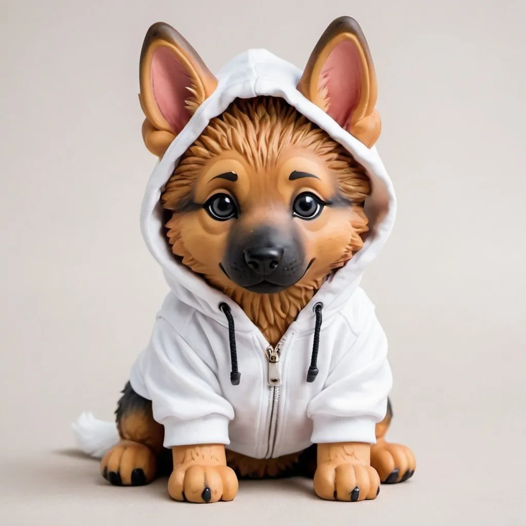 Prompt: red fluffy chibi german shepherd wearing a white hoodie