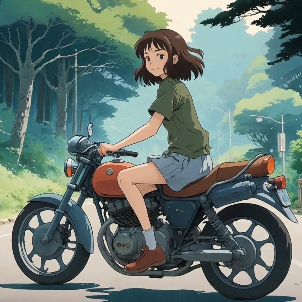 Prompt: 2d studio ghibli anime style, girl on motorcycle, anime scene