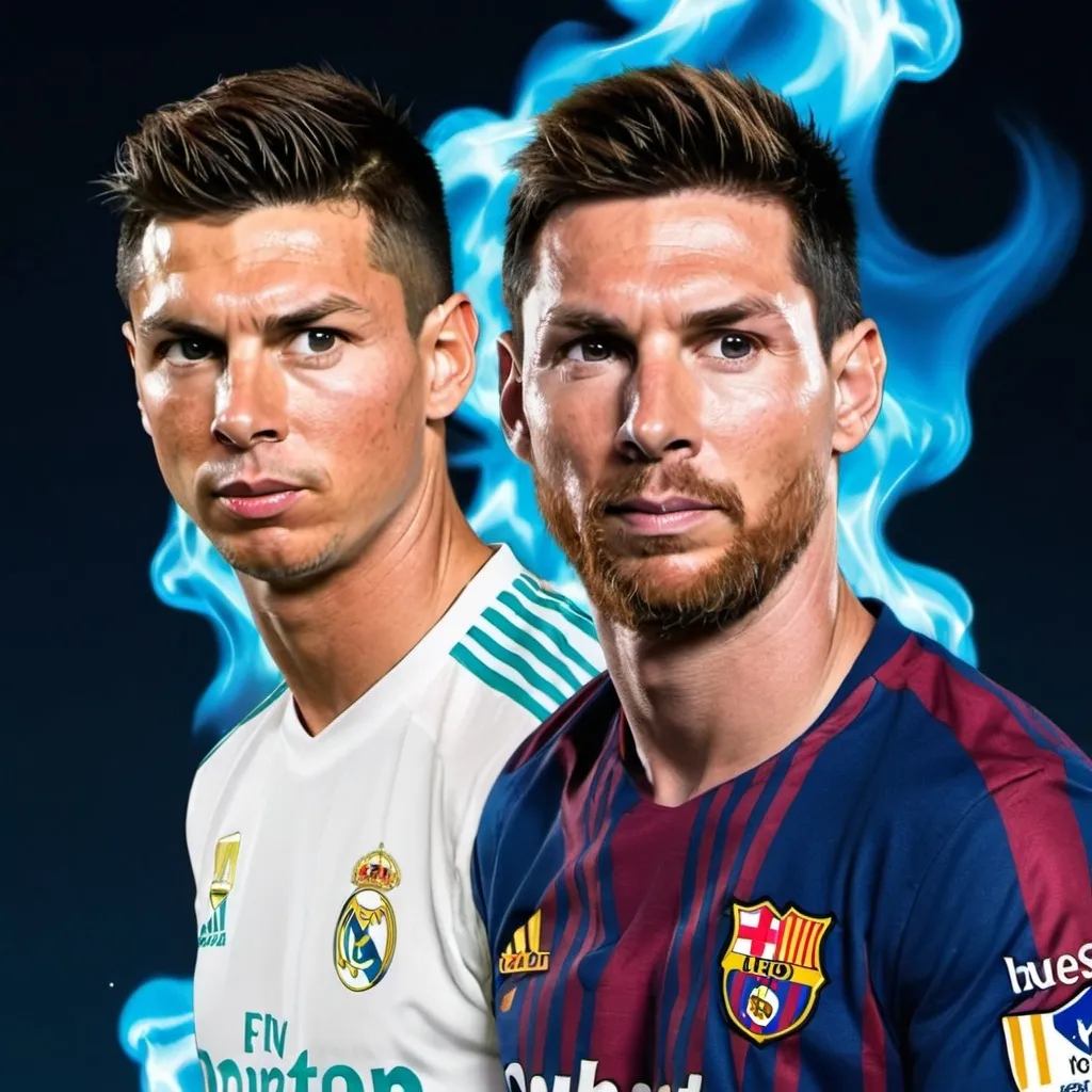 Prompt: Ronaldo With Fire Background And Messi  With Messi Beside Him And With Cold Blue Losing Background  ( Ronaldo much bigger and lightning eyes ) Ronaldo in real madrid shirt 
