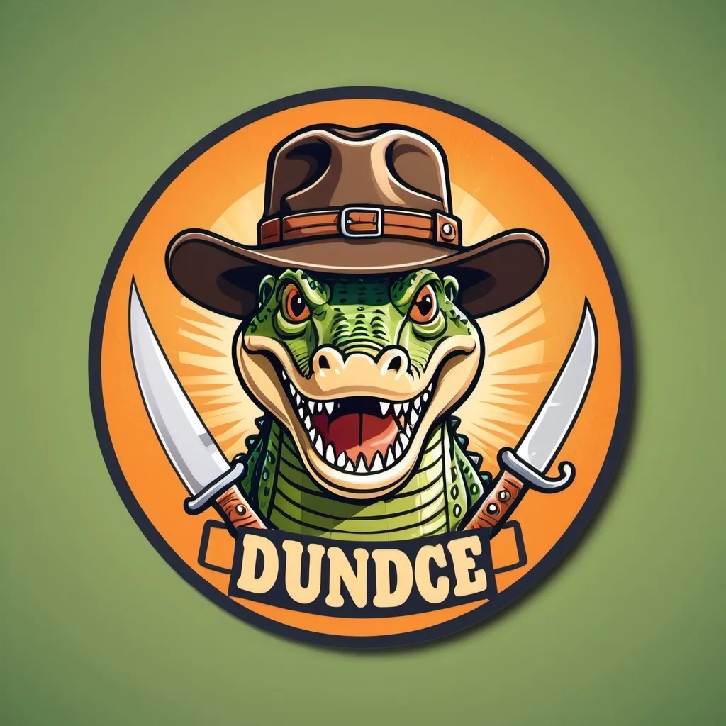 Prompt: Create a badge design that includes crocodile dundee, a crocodile, a knife and a hat and the word Dundee