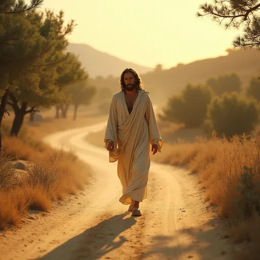 Prompt: An artistic depiction of Jesus walking along a dusty ancient road, surrounded by a soft golden light. The road winds through a peaceful landscape of hills and olive trees. Jesus wears a simple robe and sandals, with a calm and compassionate expression. The scene evokes a feeling of serenity and spiritual guidance, in a biblical setting under a warm sky."