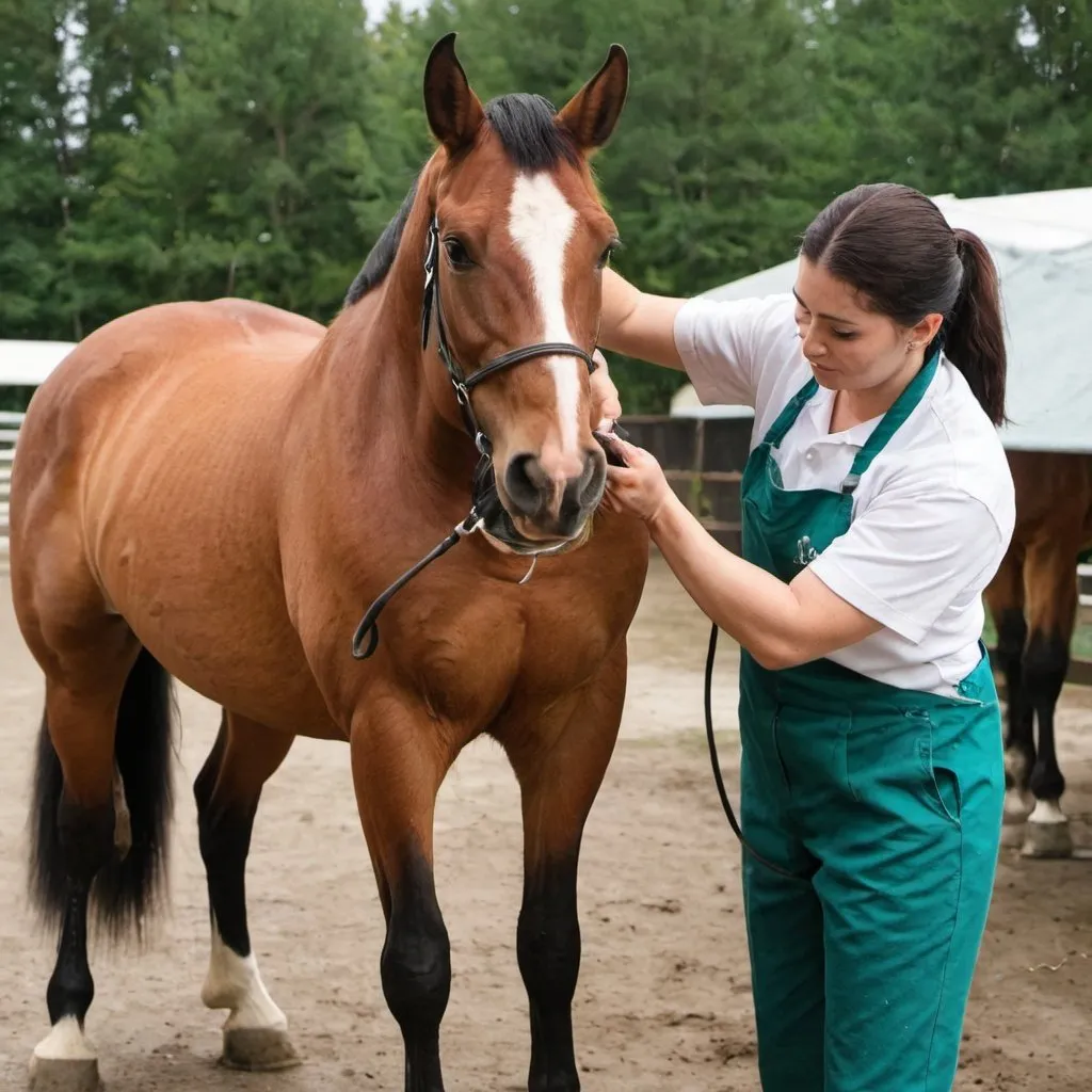 Prompt: a groomer grooming a horse