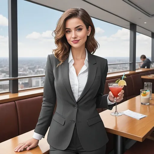 Prompt: generate colouring book for adults, cartoon style, thick lines, low detail, no shading, -- ar 9:11 upbeat vibe, high quality, printable, stress-relief, relaxing activity, confidently,  the lady is wearing a suit standing around at the skybar enjoying a cocktail
