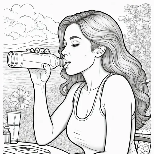 Prompt: generate colouring book for adults, cartoon style, thick lines, low detail, no shading, -- ar 9:11 upbeat vibe, high quality, printable, stress-relief, relaxing activity, confidently, this lady is drinking a water from her water bottle