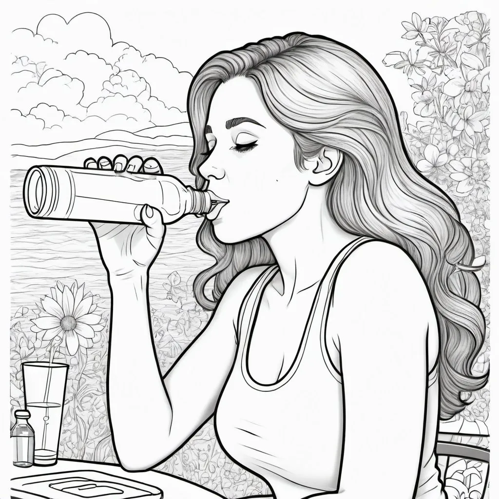 Prompt: generate colouring book for adults, cartoon style, thick lines, low detail, no shading, -- ar 9:11 upbeat vibe, high quality, printable, stress-relief, relaxing activity, confidently, this lady is drinking a water from her water bottle