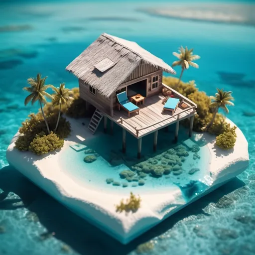 Prompt: miniature isometric world render, a hut surrounded by clear water, bahamas, on a table