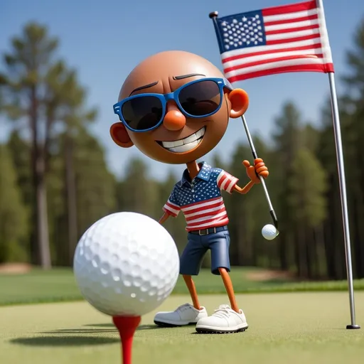 Prompt: stick figure wearing sunglasses hitting a golf ball with american flag in back ground
