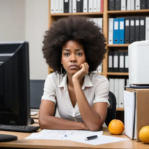 Prompt: Black woman with afro hair thinking about not having access to tap water  sitting In her office, surrounded by computers, files and books and with a bowl of fruits infront of her