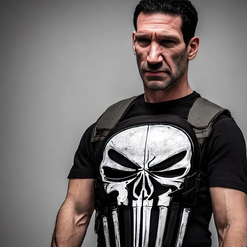 Prompt: photo realistic portrait of The Punisher, centered in frame, facing camera, symmetrical face, ideal human, 85mm lens,f8, photography, ultra details, natural light, light background, photo, Studio lighting