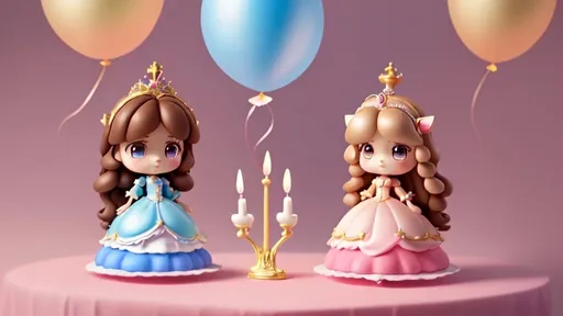 Prompt: Cartoon image. Two little princesses. Princesses have a crown on their head. The left princess has dark brown eyes and brown hair. A real princess has blue eyes and light hair. Princesses standing next to each other The picture shows a cake with 6 candles. There are balloons and one balloon around. Every princess has a unicorn.