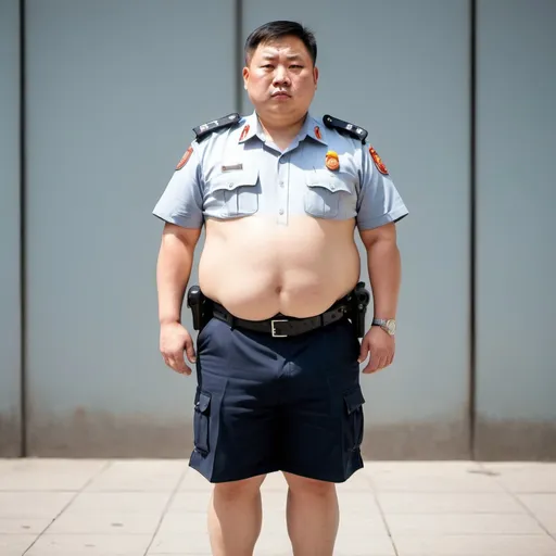 Prompt: A fat handsome chinese policeman standing without wearing shirt and wear short pants