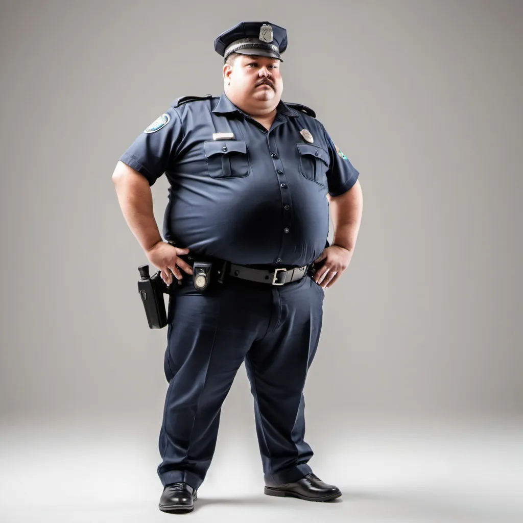 Prompt: A fat policeman standing without wearing shirt and wear pants