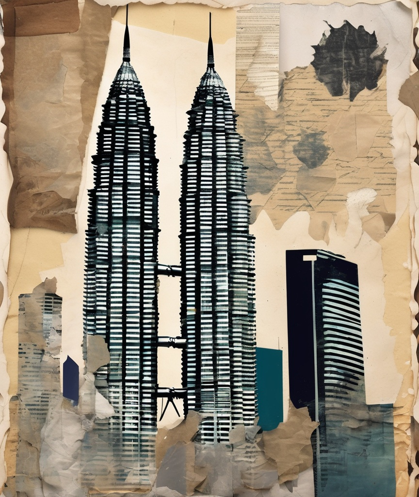 Prompt: Petronas twin towers collage torn white highlights, cut old paper backdrop, bold brushstroke, gritty texture,