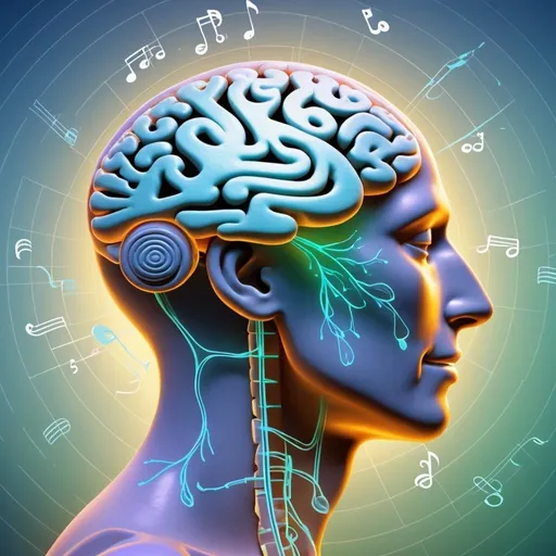 Prompt: Depict a realistic human head with a transparent brain with the parasympathetic nervous system highlighted in a soft blue color, with a descending spiral symbol nearby, representing reduced stress, with the motor cortex highlighted in a light orange color, with musical notes forming smaller musical notes to represent mirroring movements, the amygdala highlighted in a light purple color, surrounded by musical notes that transform into a film reel symbol representing memories, the prefrontal cortex highlighted in a light green color, with musical notes forming a bullseye to represent focus, the hippocampus area highlighted in a bright blue color. Place a jigsaw puzzle symbol floating above it to represent memory formation, and the reward pathway highlighted in a warm yellow color. Superimpose a star symbol near it to represent pleasure and reward.