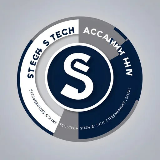 Prompt: It includes the business name 'S-Tech Academy, a tagline, and a visual element to make it recognizable and memorable. The circle with the "S" inside represents the central role of technology (the "S" for S-Tech) in empowering the community. The colors navy and gray are used for a professional and tech-savvy appearance