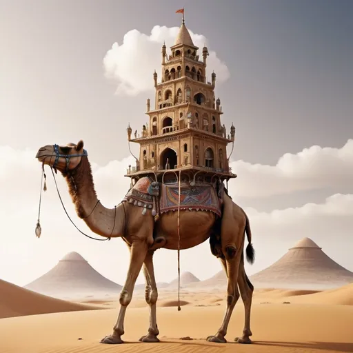 Prompt: 8K fantasy tower on back of camel. Super detailed. Surreal